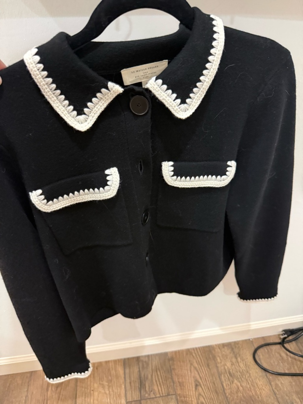Sezane Black Cardigan with White Trim - Picture 2 of 4